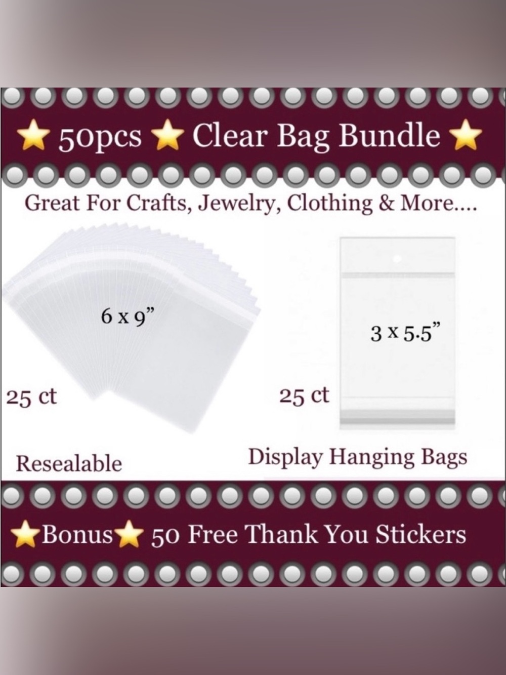 100pcs Bundle includes 25ct 6x9” & 25ct 3x5-1/2”Clear Cello Bags & 50ct Stickers
